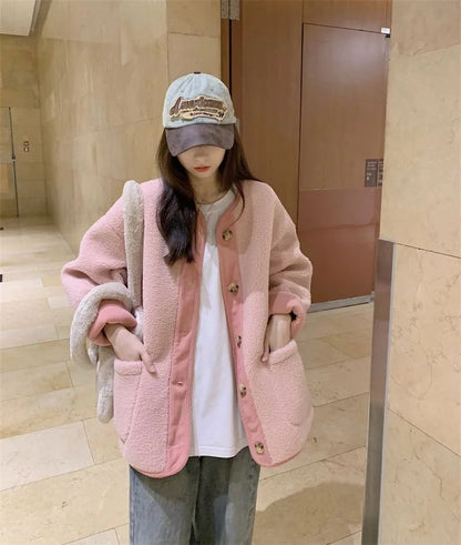 2024 Winter New Women's Lamb Wool Jacket Petite Loose-Fit Thickened Integrated Deer Skin Fleece Medium-Length Korean Style