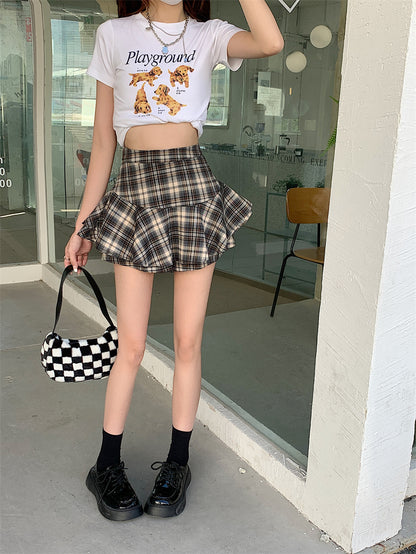 Tiered Mini Skirt Y2K High Waist Tartan Ruffled Plaid Skirt Skort Women Aesthetic Outfit