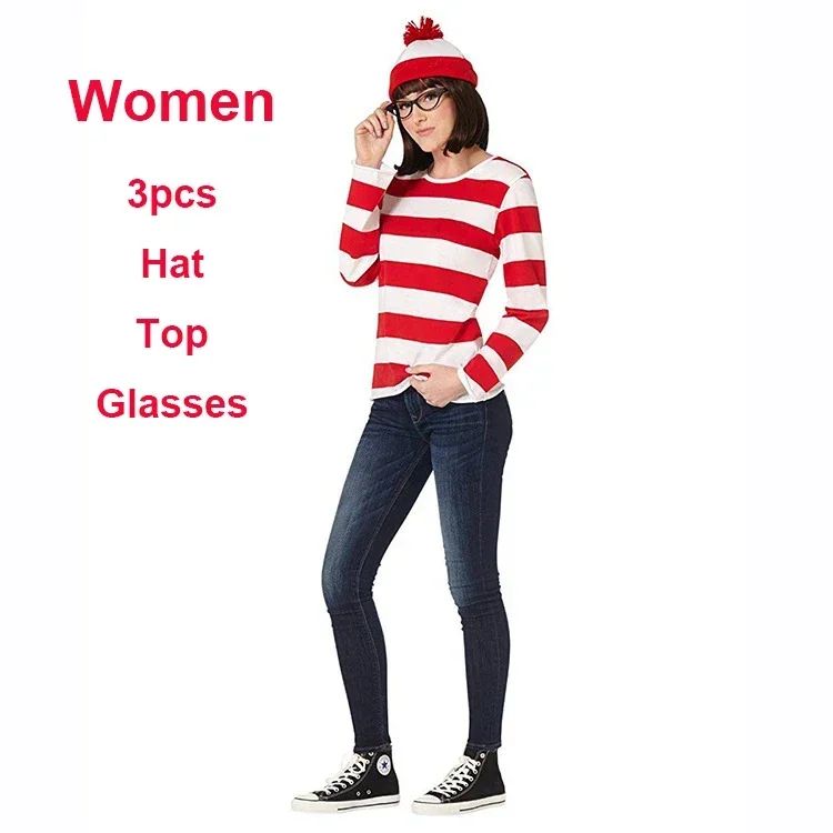 Wheres Waldo Striped Shirt Youth Boys Wally Costume Shirt Glasses and Hat Socks Unisex Adults Carnival Cosplay Costume