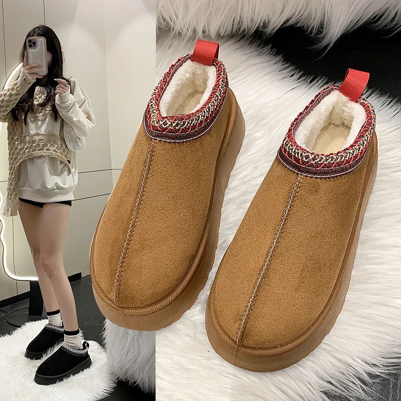 Snow Boots For Women 2024 Winter New Cashmere Warm Thick Soles Without Heel-covered Hair Half Slipper Cotton Shoes for Women