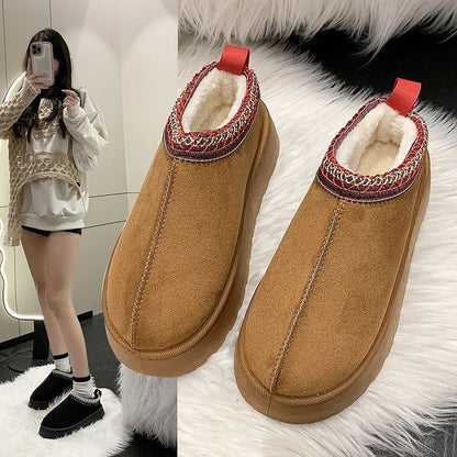 Snow Boots For Women 2024 Winter New Cashmere Warm Thick Soles Without Heel-covered Hair Half Slipper Cotton Shoes for Women