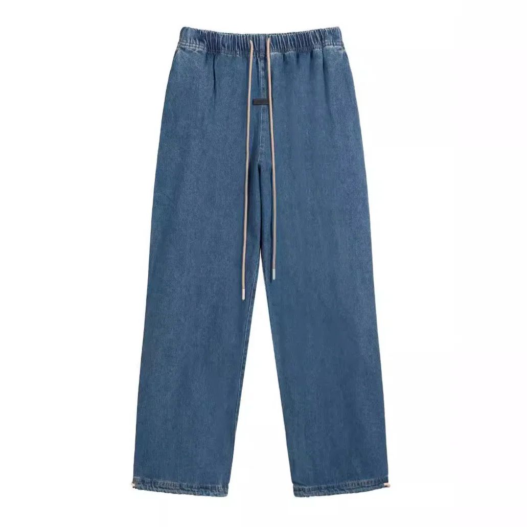 Cross-border Fog Essentials Men's Denim Straight-leg Pants American Style Washable Drawstring Elastic Waist Fit Bell Bottoms