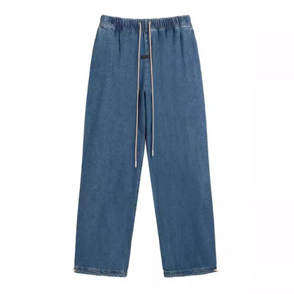 Cross-border Fog Essentials Men's Denim Straight-leg Pants American Style Washable Drawstring Elastic Waist Fit Bell Bottoms