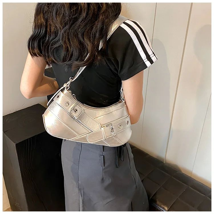 Red Vintage Shoulder Bag Y2K Belt Design PU Leather Underarm Bags for Women Trend Hot Cool Girl Crossbody Bag Punk Style Handbag