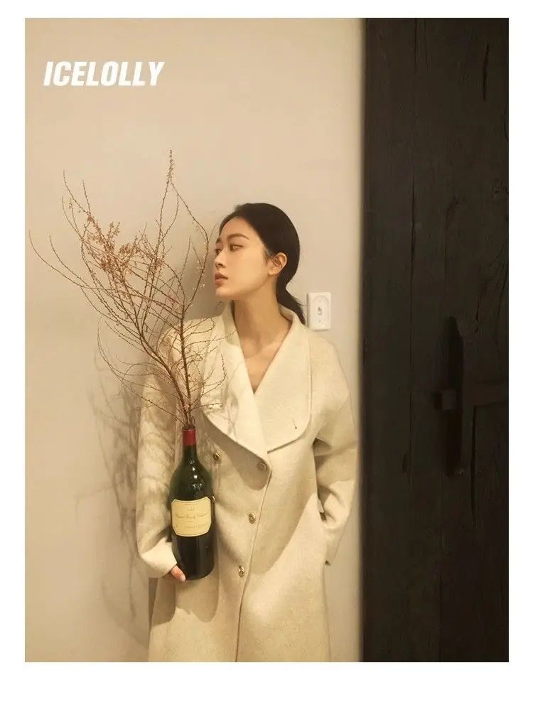 Light Grey Woolen Coat Women's Long Loose Korean Style Fashionable Autumn Winter New Arrival Polyester Fiber Full Sleeve