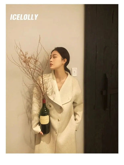 Light Grey Woolen Coat Women's Long Loose Korean Style Fashionable Autumn Winter New Arrival Polyester Fiber Full Sleeve