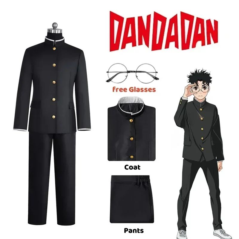 Anime Dandadan Ken Takakura Cosplay Costume Okarun School Uniform Black Jacket Gakuran Outfit Glasses Halloween Unisex Costume