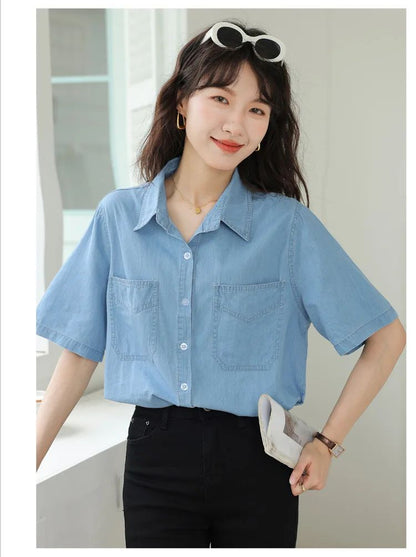 Vintageblueshort Sleeves Thin Denim Shirt 2024 Summer New Casual Loose-Fit Hong Kong Style Petite Top For Women