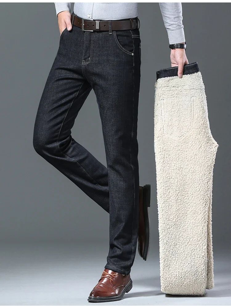 Calça Jeans Masculina de Inverno Forrada de Lã Grossa Sherpa Casual de Negócios Veludo Reta Masculina de Lã Pelúcia Clássica Elástica