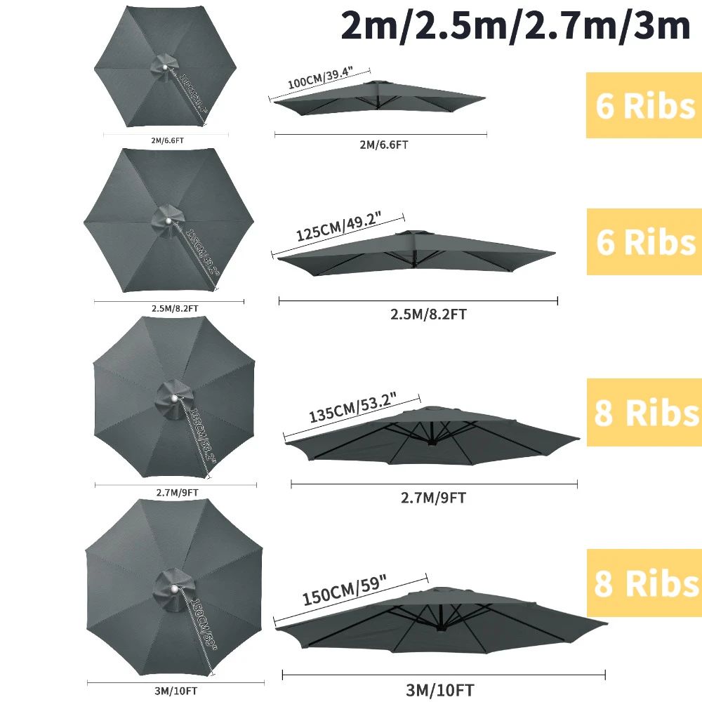 Parasol Replaceable Parasol Top Cloth Garden Patio Canopy Umbrella Cover Waterproof Sunshade 2/2.5/2.7/3m For 6 Ribs/8 Ribs