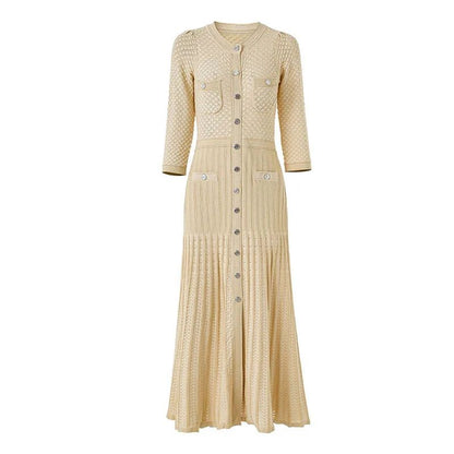 Hollow out Long Knitted Summer Dress round Neck Seven Sleeve Bodycon Skirt Slimming Effect Empire Waist Maxi Dress