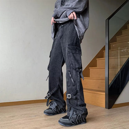 Vibezip-up Americano Jeans Masculinos da Moda Boca de Sino Solta Estilo Gangsta de Rua Ins Roupa de Trabalho Casual