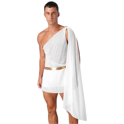 Greek God Costume White Men Mr Toga Cosplay Costumes One Shoulder with Slit Skirts Tunic Jumpsuit Nightclub Carnival Dress Up