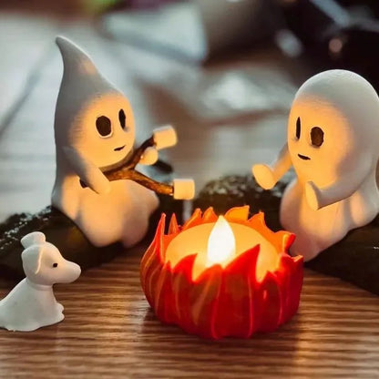 Halloween Ghost Nightlight Campfire Figurine Set Cute Ghost Statue Small Campfire Light Fun Halloween Decor Gift for Home Party