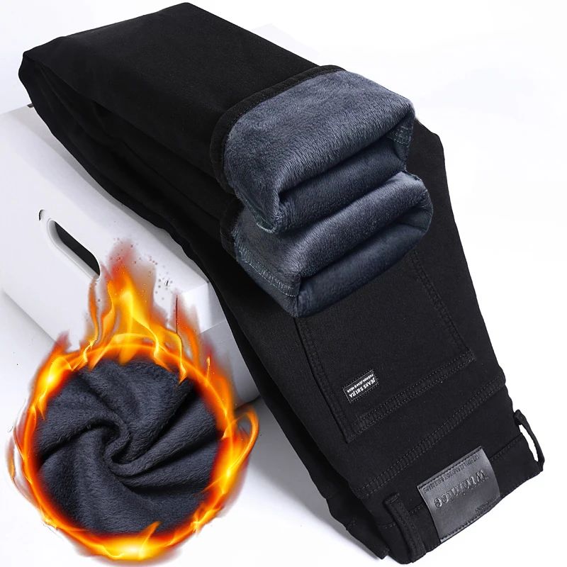 Calça Jeans Masculina Forrada de Lã para Inverno, Reta, Elástica, Preta, de Veludo Grosso, Quente, Casual, Masculina, Tamanhos Grandes