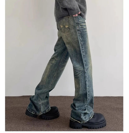 Vintage American Style Men's Straight-Leg Slimming Long Jeans Distressed Washing Denim Pants Trendy Brand Bootcut Pants