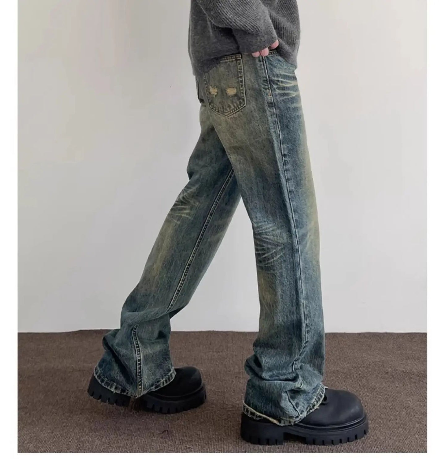 Vintage American Style Men's Straight-Leg Slimming Long Jeans Distressed Washing Denim Pants Trendy Brand Bootcut Pants
