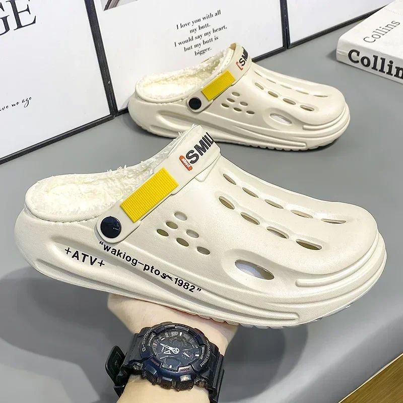 Men Cotton Slippers Winter Warm Furry Clogs Soft Indoor Bedroom Cotton Shoes EVA Fluff Slides Casual Comfortable Plush