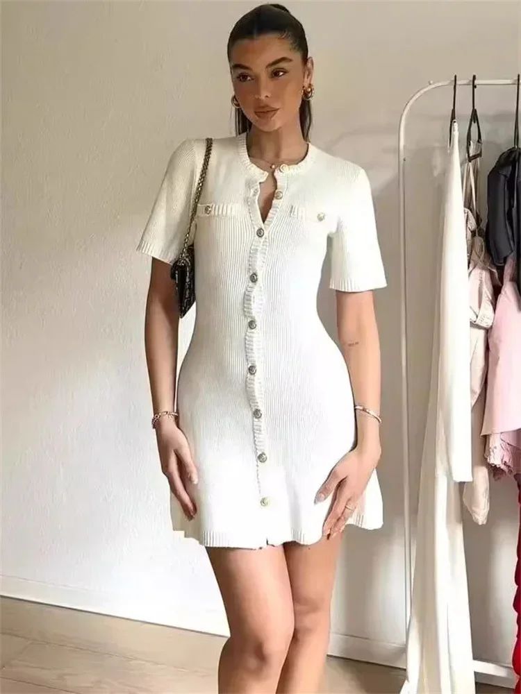 Trendix Elegant Knit Mini Dress Women Street Slim High Waist Short Sleeve Rib Sw