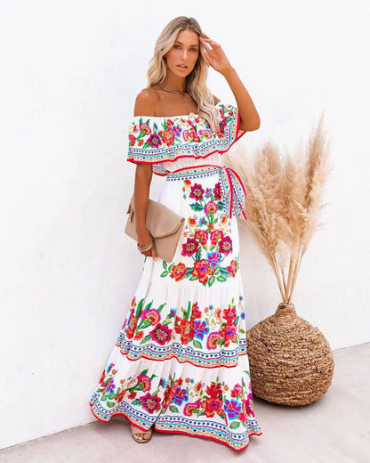 2024 Spring Summer New Independent Stand Amazon Off-shoulder Red Flower Printing Long Dress Oversized Wide Hemline Sleeveless