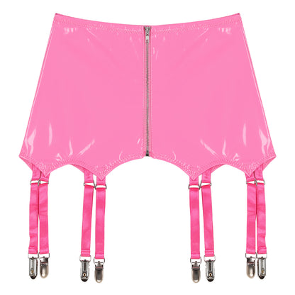Womens Garters Latex Skirts Ladies Suspender Belt Wet Look Patent Leather Mini Skirts Garters with Metal Clips Clubwear Costume