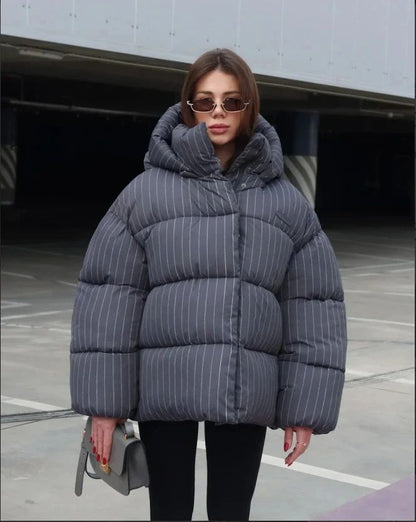 Women's Pinstripe Oversized Puffer Jacket Full Sleeve Detachable Hood Zipper Warm Coat 2025 Autumn Winter Female Casual Wear