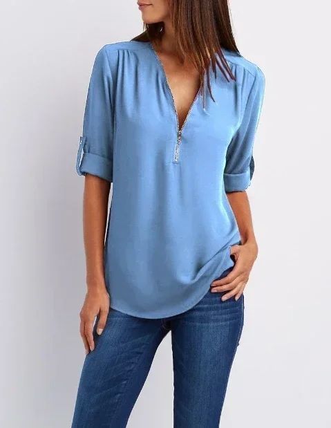 Summer Women Cool Loose Shirt Deep V Neck Chiffon Blouse Casual Ladies Tops Sexy Zipper Pullover Plus Size Long Sleeve Fashion