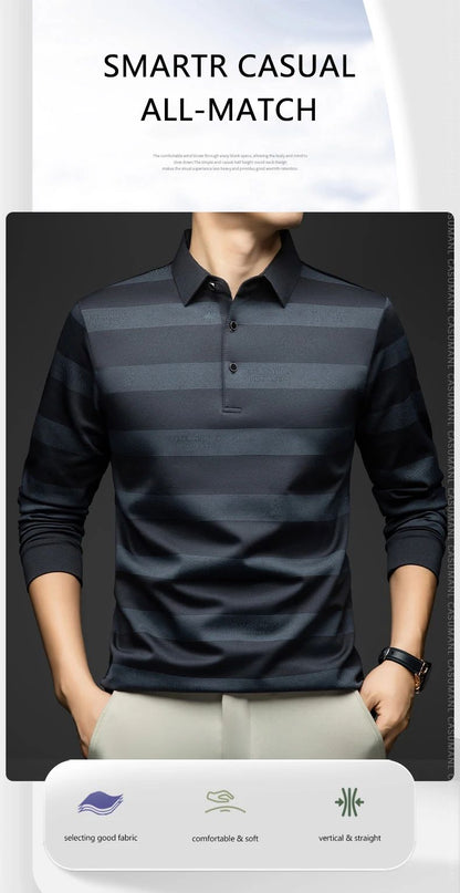 BROWON Elegant Mens Polo Shirts 2025 Spring Autumn Long Sleeve Lapel Collar Big Striped Pattern T-shirt Male New in Tops & Tees