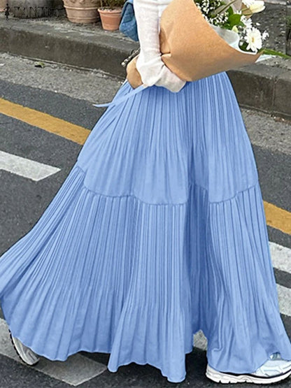 ZANZEA Plus Size 5XL Women Maxi Skirts 2025 Autumn Elastic Waist Pleated Long Skirt Casual Solid Color High Waist Ruffled Skirts