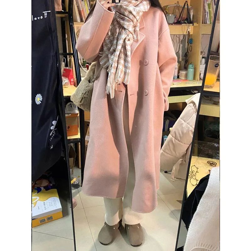 Winter Long Pink Woolen Coat French Hepburn Style Loose Casual Slimming Knee-Length Tweed Outerwear Women's Fashion
