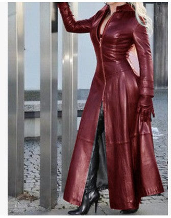 Winter Women's Fashion Cyberpunk Leather Long Jacket Casual Loose Button Solid Color Coats Lapel Biker Jacket