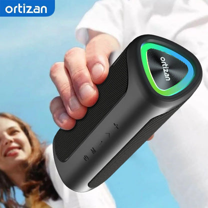 Caixa de Som Bluetooth Ortizan M7, Caixa de Som Portátil com 24W de Som Estéreo Potente, Luzes RGB, Entrada AUX, TF, Bluetooth 5.3, À Prova D'água IPX7
