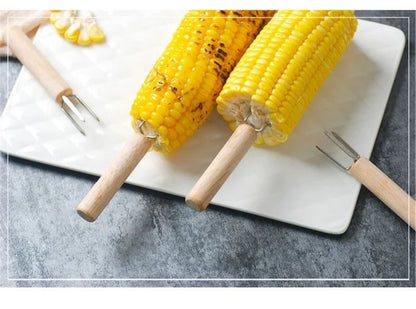 2/4/8Pcs Stainless Steel Corn Holders with Wooden Handle Corn on The Cob Skewers Fruit Anti-scald Forks Outdoor Cooking BBQ Tool