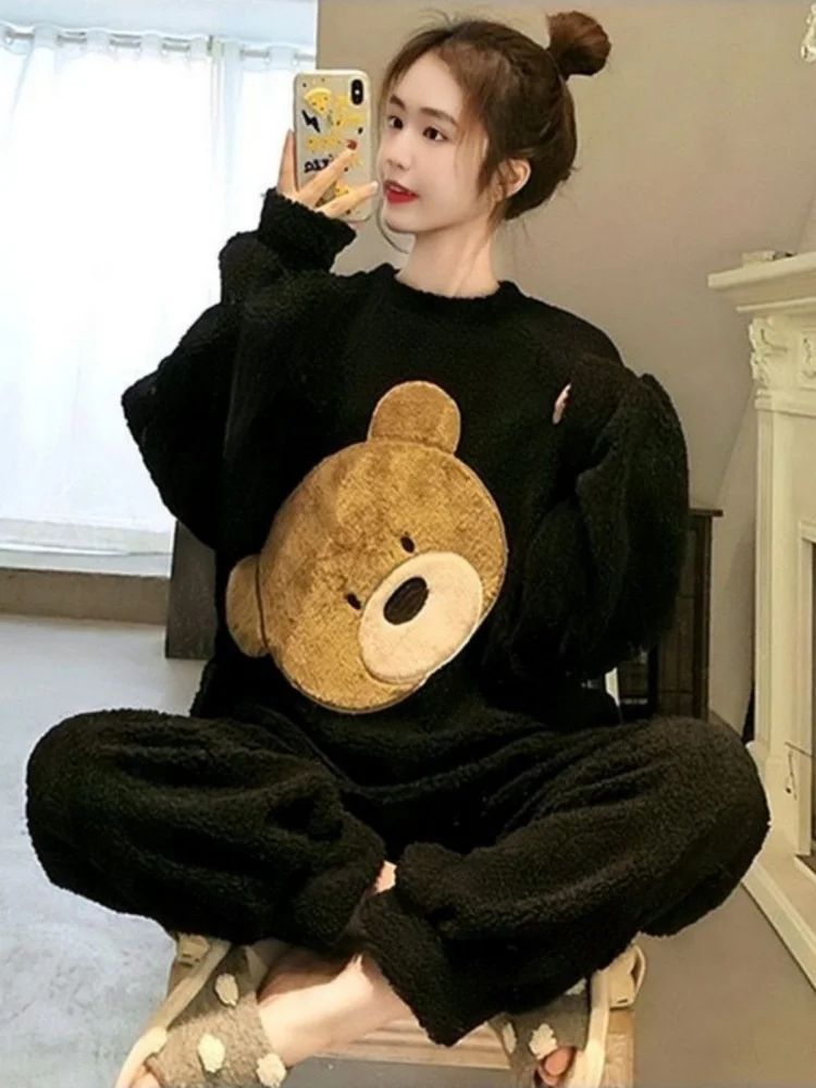 Thickened Warm Women Winter Two Pieces Set Flannel Homewear Pajamas O-Neck Loose Cute Cartoon Bear Ladies Sleepwear Loungewear