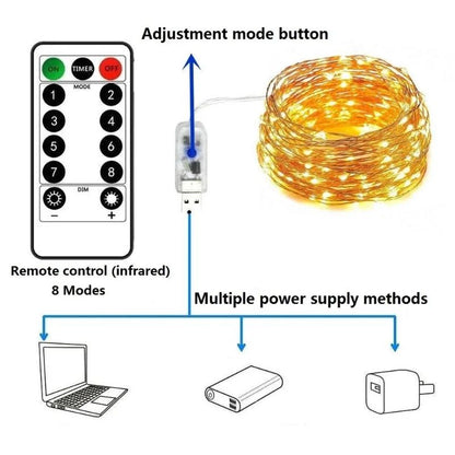 2/5/10/20/30M USB Fairy String Lights LED Sliver Wire Lights With 8 Lighting Modes Remote Control For Bedroom Christmas Decor