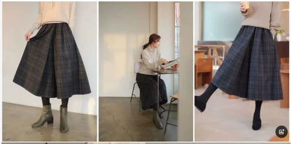 Women Elastic High Waist Woolen Pants Autumn Winter New Plaid Wool Wide Leg Pants Female Casual Loose Ankle-Length Skirts Pants