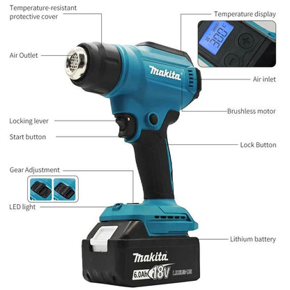 Soprador Térmico a Bateria Makita 18V com Controle de Temperatura de 550°C, Pistola de Ar Quente Portátil com Display LED, para Soldagem, Novo?