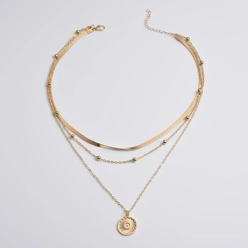 Colar Feminino de Prata Esterlina 925 com Três Camadas, Redondo, Corrente Snake Simples, Charm com Bola, Presente para Festa, Joia Exquisita Feminina