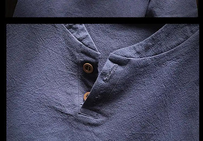 Men's Summer Loose-fit Short Sleeve Linen T-shirt Cotton Linen Body Solid Color Breathable V-neck Thin Top