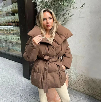 Solid Lapel Lace Up Cotton Coat Women Fashion Long Sleeve Warm Loose Pocket Short Coats Lady New Winter Commute Street Outwears