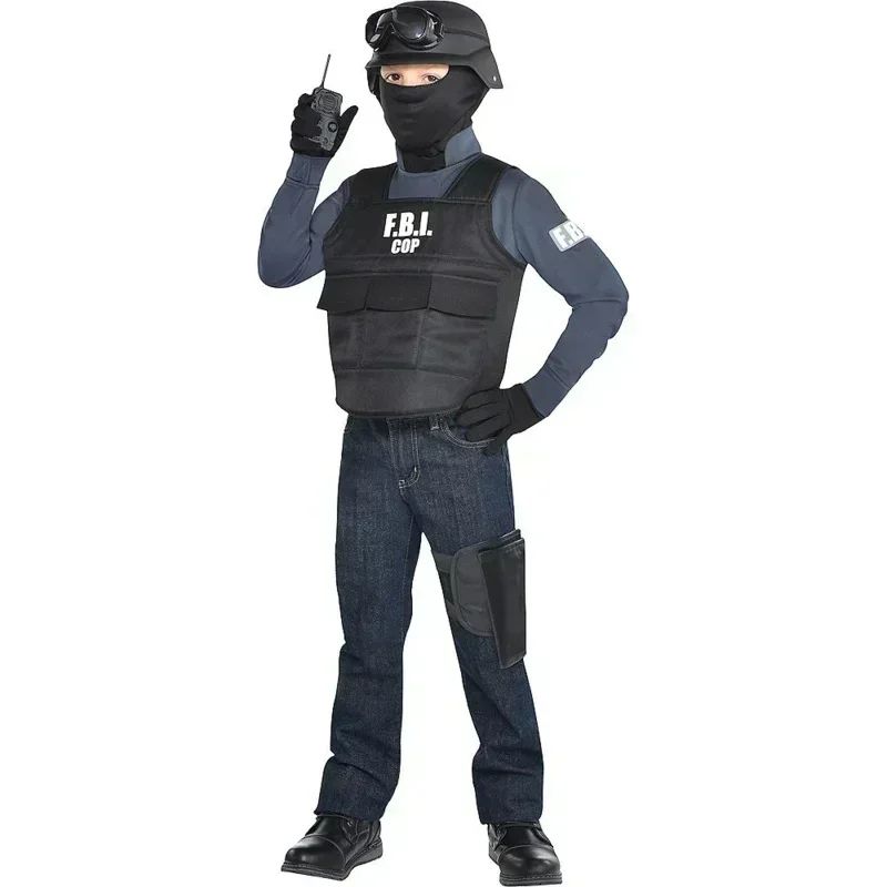 2025 Halloween Kinderen Fbi Swat Pakken Cosplay Kleding Mini Kogelvrij Vest Helm Swat Pak Set Halloween Party Dress Up