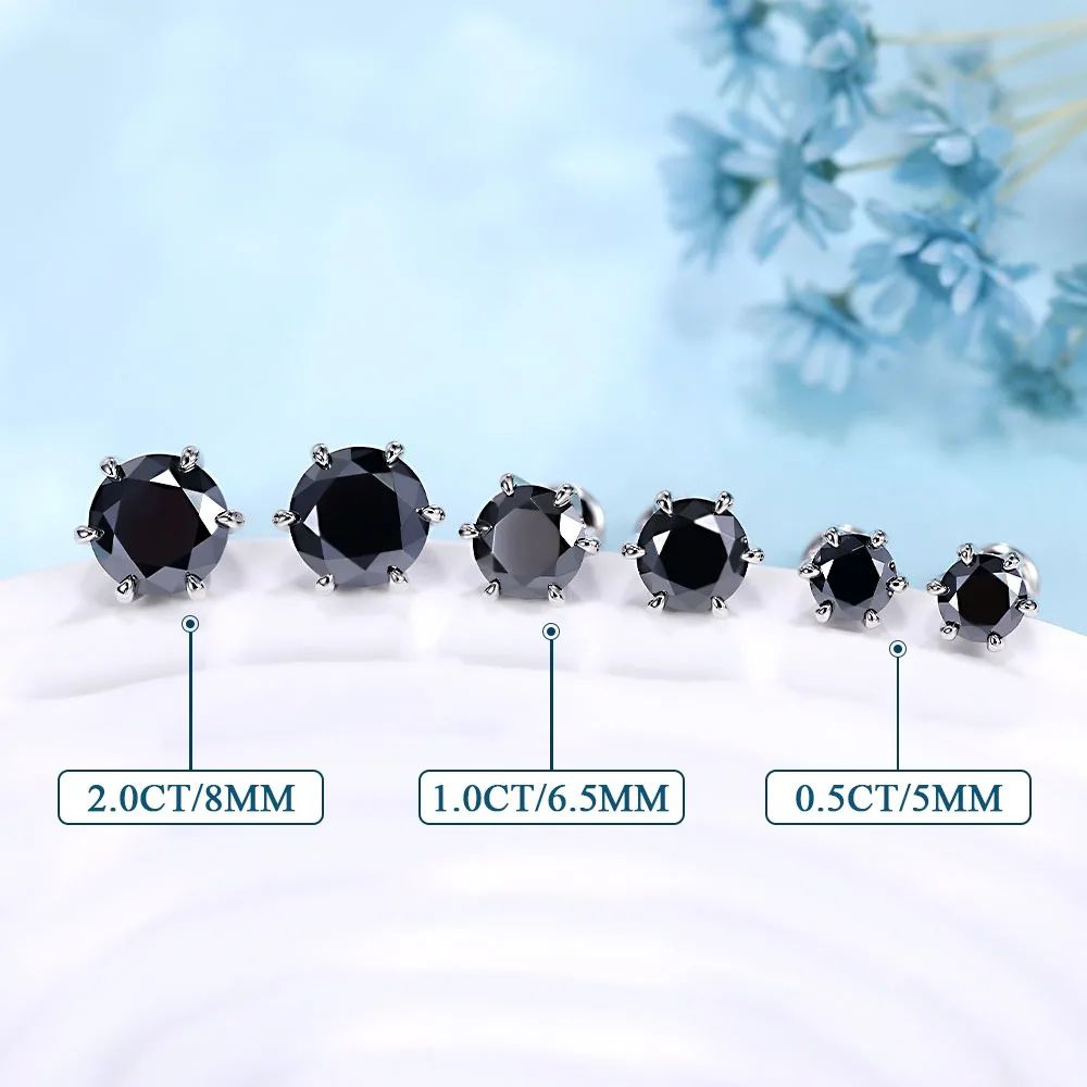 0.5-2ct Black Moissanite Stud Earrings for Women/Men S925 Sterling Silver Diamond Round Cut Black Earrings Wedding Fine Jewelry
