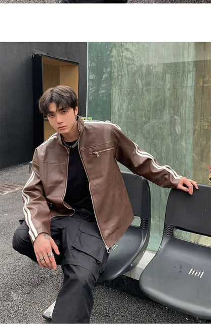 Retro Leather Jacket Men Women  American Patchwork Strip Racing Outerwear Loose Hip Hop Zippers Brown PU Coat Streetwear Spring