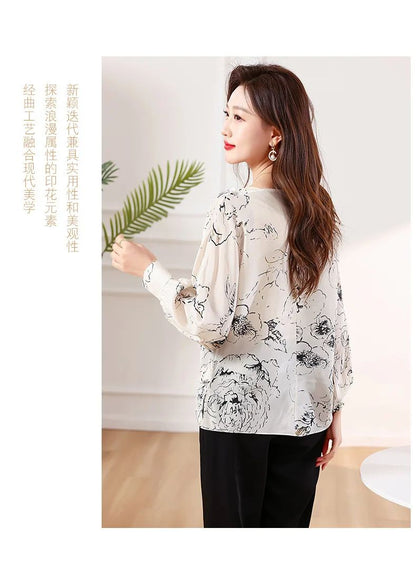 Tcyeek, 100%Real Silk Elegant Shirt, Women Long Sleeve ONeck Printed, Loose Fashion OL Blouses, 2024 Summer Autumn T47116QM