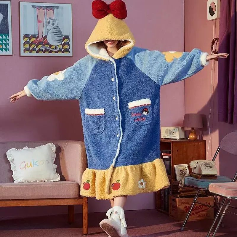 Novo Pijama Branca de Neve da Disney Feminino Outono Inverno Robe de Veludo Coral Engrossado Desenho Animado Fofo Roupa Quente para Casa Camisola Terno Presente
