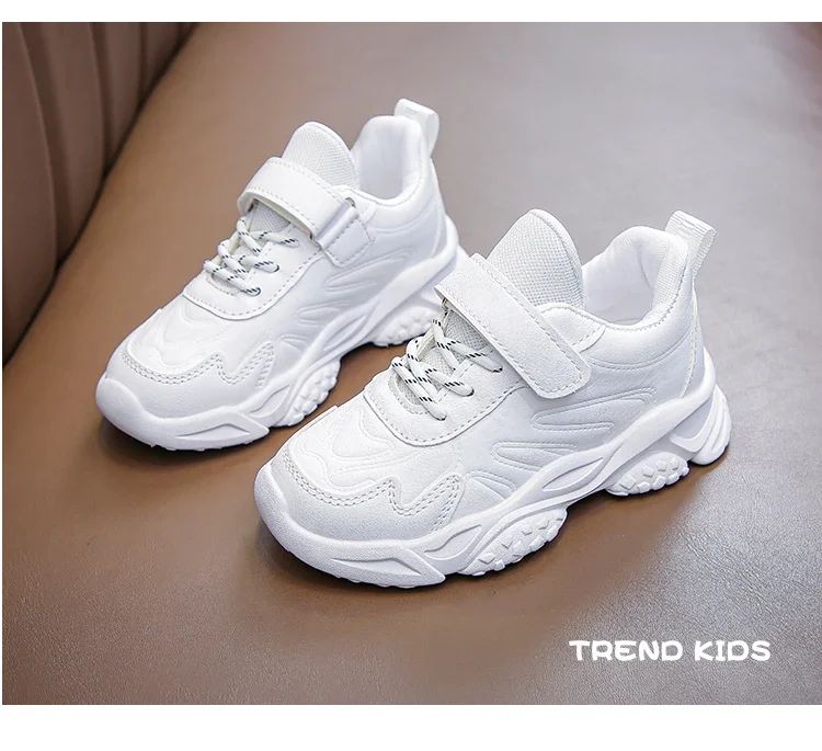 Children White Running Shoes Kids Fashion Sneakers PU Soft Breatheable Comfortable Boys Girls School Sports Shoes Size 26-37