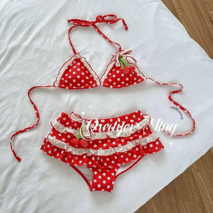 2025 New Bikini Set Cherry Pattern Three Pieces Cute Beach Vacation Swimsuit Ins Style Pure Desire Girl Adorable Split Design