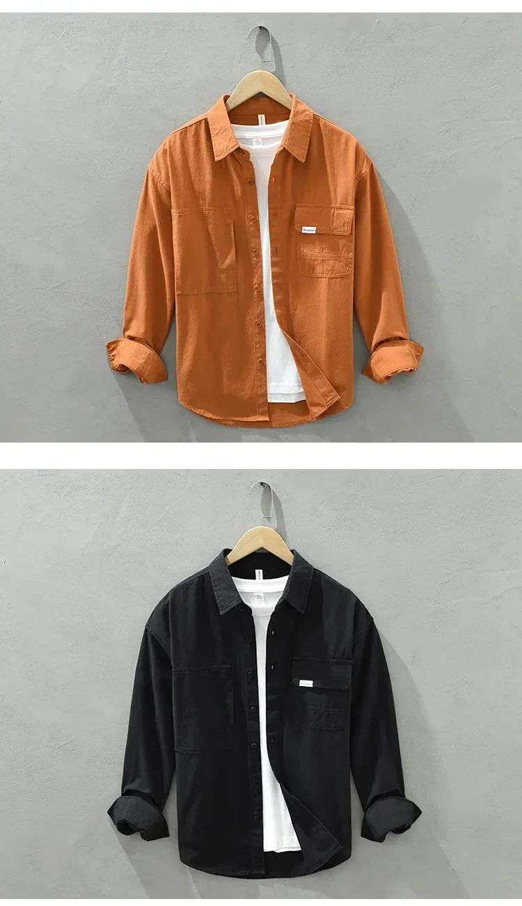 Cargo Shirt Men Spring Autumn Double Pocket Long Sleeve Shirts Male Casual Pure Cotton Orange Shirt Japanese Fashion Loose Shirt