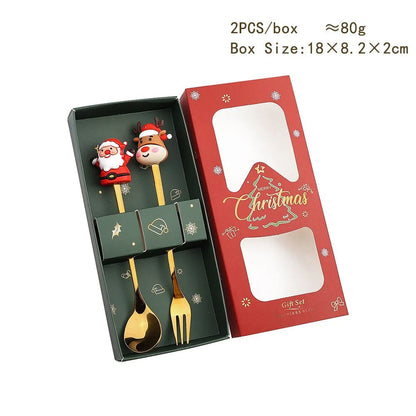 Warm Christmas Gift! Creative Santa Doll Dessert Spoon Fork 2-Piece Set Portable Tableware in Gift Box Sweet Surprise Friends