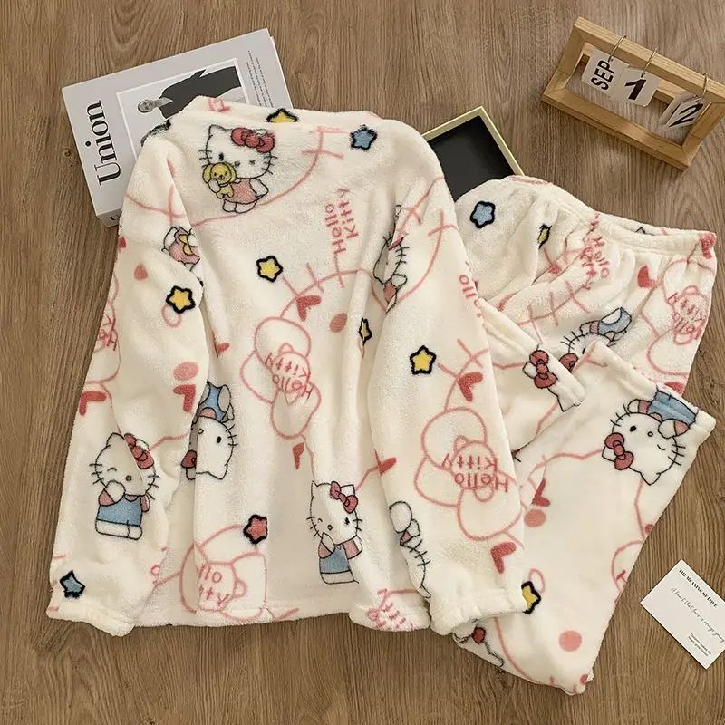Hello Kitty Women's 2025 Plush Flannel Pullover Pajama Set Winter Cozy Long Sleeve Pants Embroidered Casual Home Loungewear